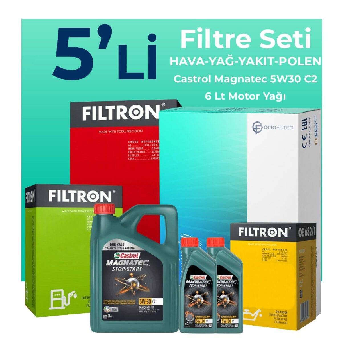 Filtron Volvo S80 2.4 Dizel Filtre Bakım Seti Castrol Motor Yağlı (2007-2011) 5 Li - Görsel 1