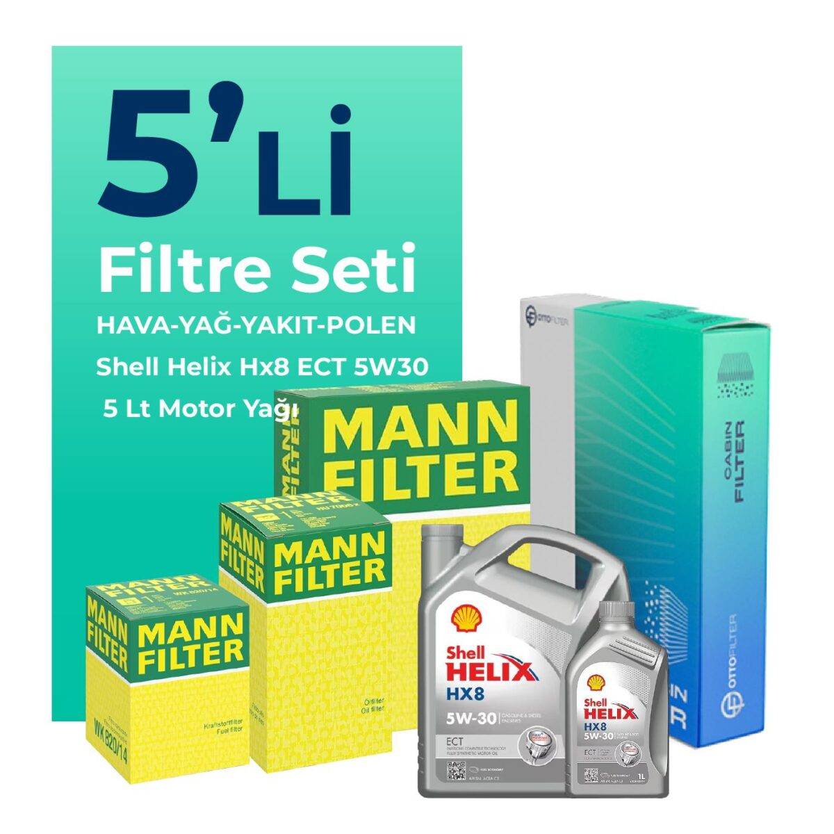 MANN Audi A4 2.0 Dizel 190HP Filtre Bakım Seti Shell Motor Yağlı (2015-2020) 5 Li - Görsel 1