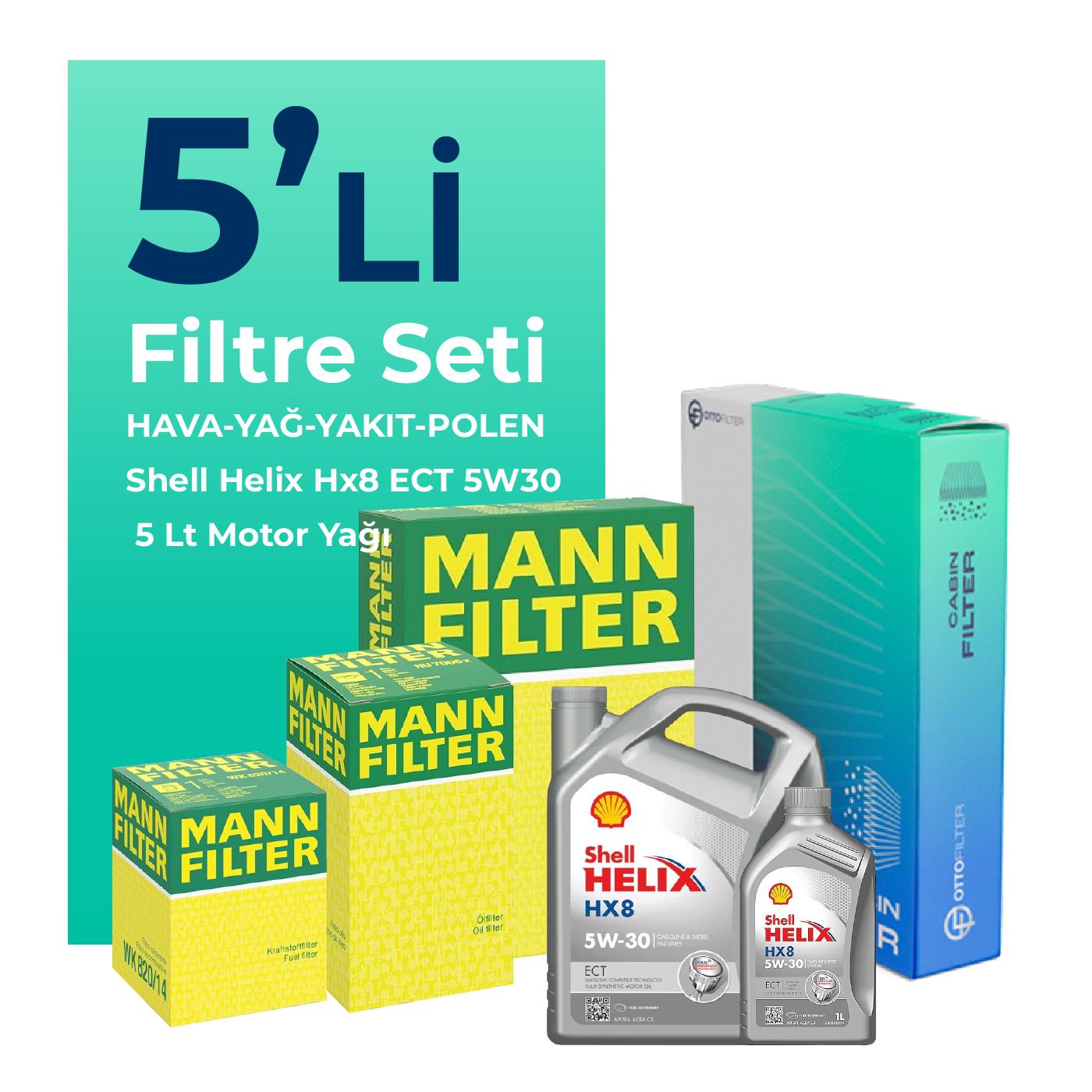 MANN Audi Q3 2.0 Dizel 177 HP Filtre Bakım Seti Shell Motor Yağlı (2011-2018) 5 Li