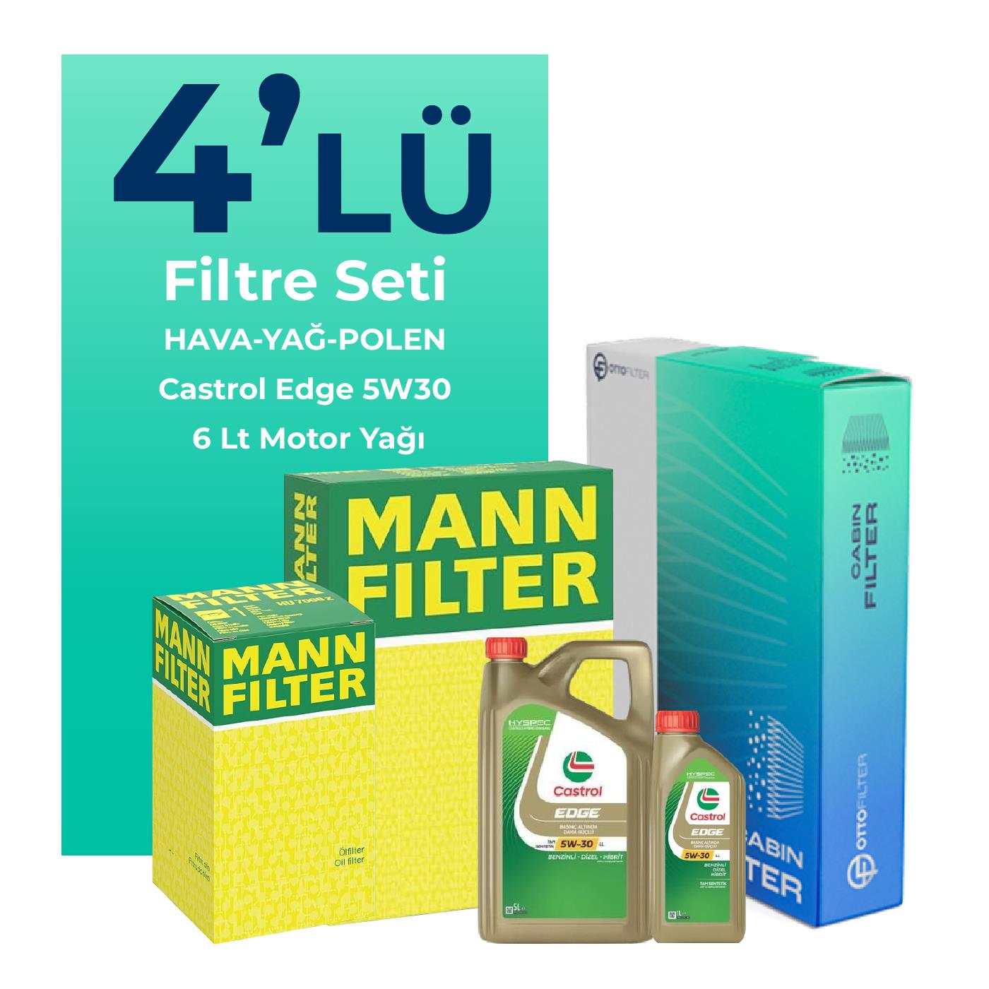 MANN BMW 6.30 Benzinli Filtre Bakım Seti Castrol Motor Yağlı (2004-2010) 4 Lü