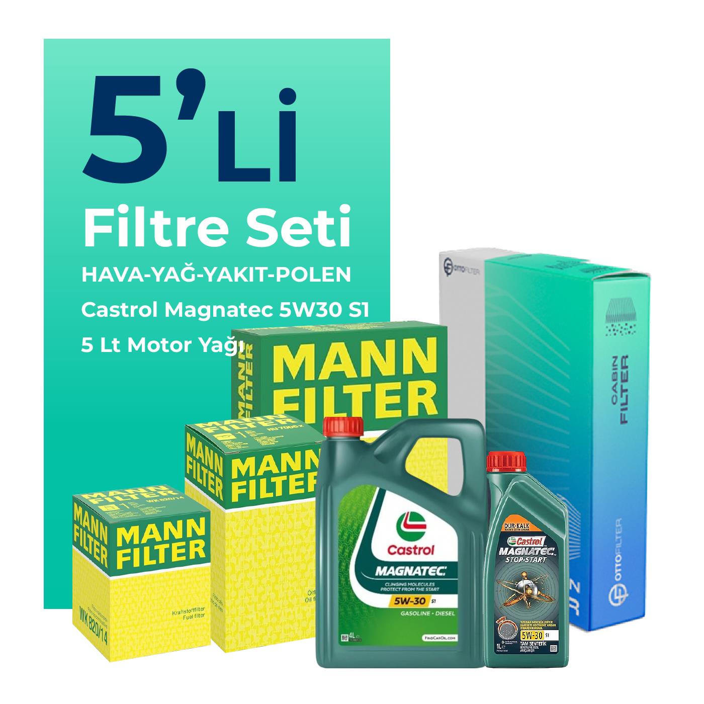 MANN Fiat 500X 1.6 Dizel Filtre Bakım Seti Castrol Motor Yağlı (2014-2024) 5 Li