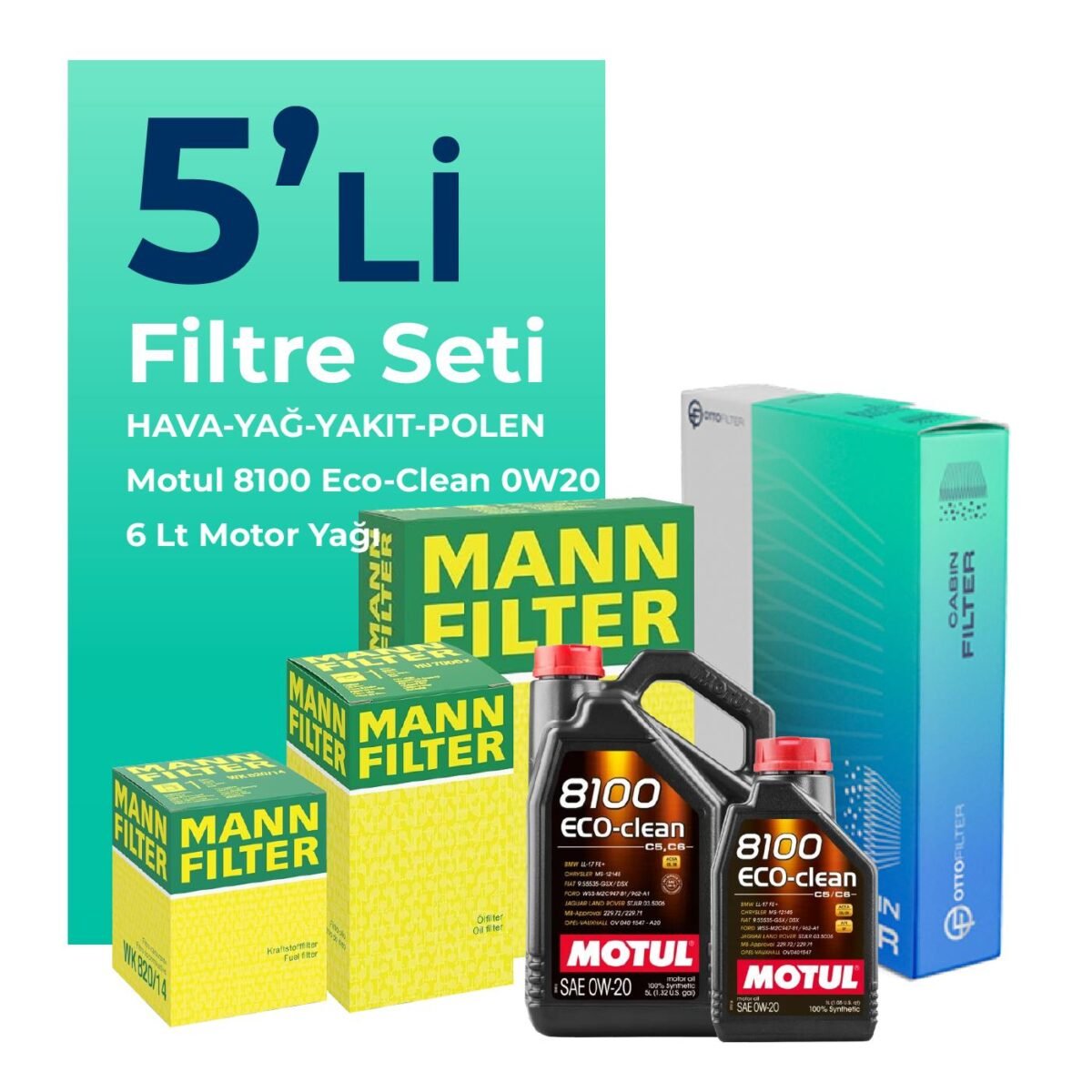 MANN Ford Focus 1.5 Dizel Otomatik Filtre Bakım Seti Motul Motor Yağlı (2018-2024) 5 Li - Görsel 1