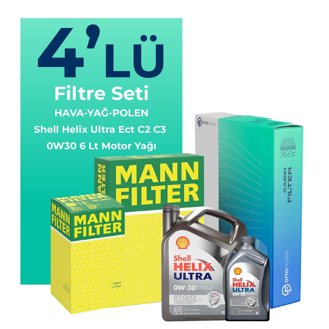 MANN Ford Mondeo 2.0 Dizel Filtre Bakım Seti Shell Motor Yağlı (2015-2018) 4 Lü