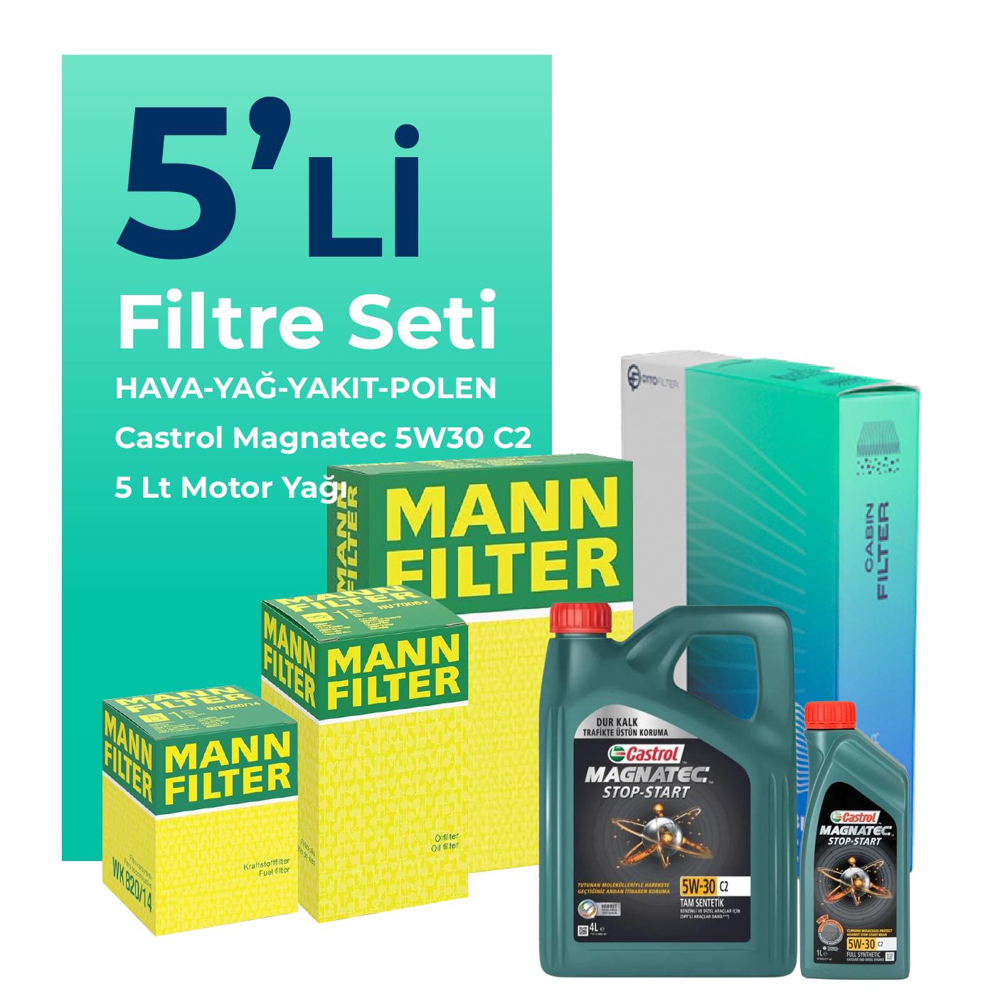 MANN Hyundai ix20 1.4 Dizel Filtre Bakım Seti Castrol Motor Yağlı (2010-2014) 5 Li