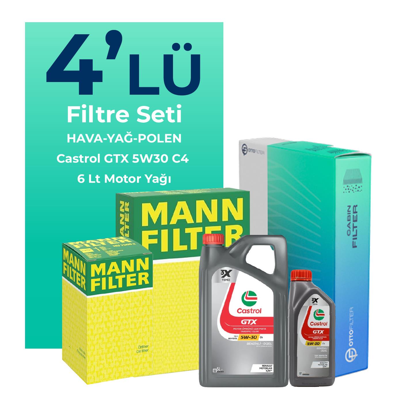 MANN Jaguar XF 3.0 Benzinli Filtre Bakım Seti Castrol Motor Yağlı (2007-2015) 4 Lü