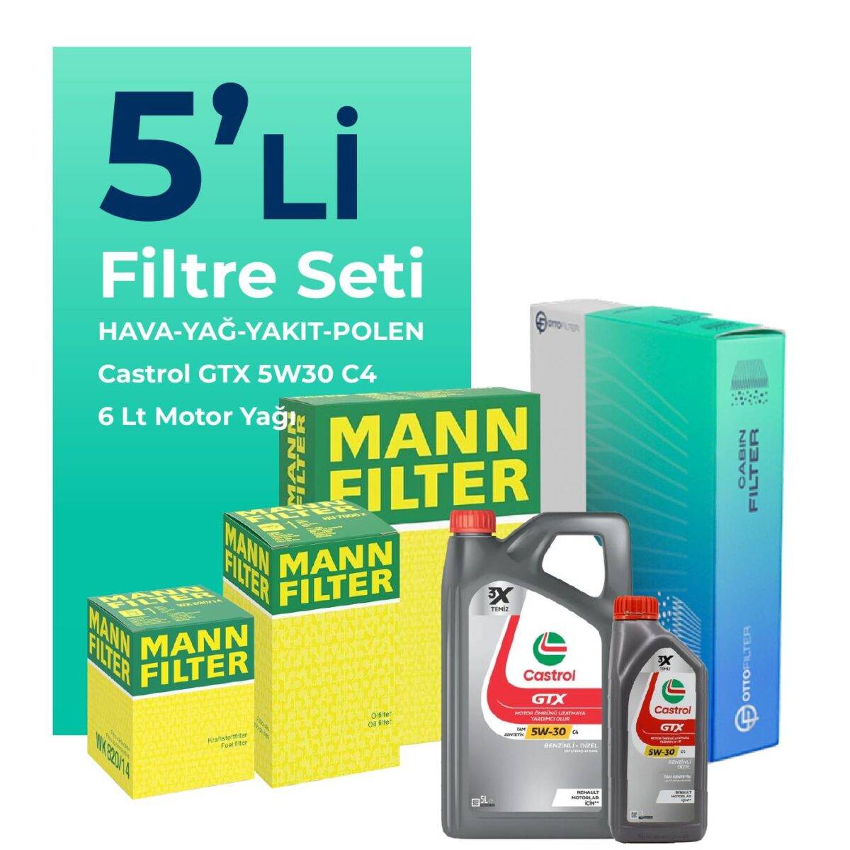 MANN Nissan Qashqai 1.5 Dizel Filtre Bakım Seti Castrol Motor Yağlı (2018-2021) 5 Li - Görsel 1