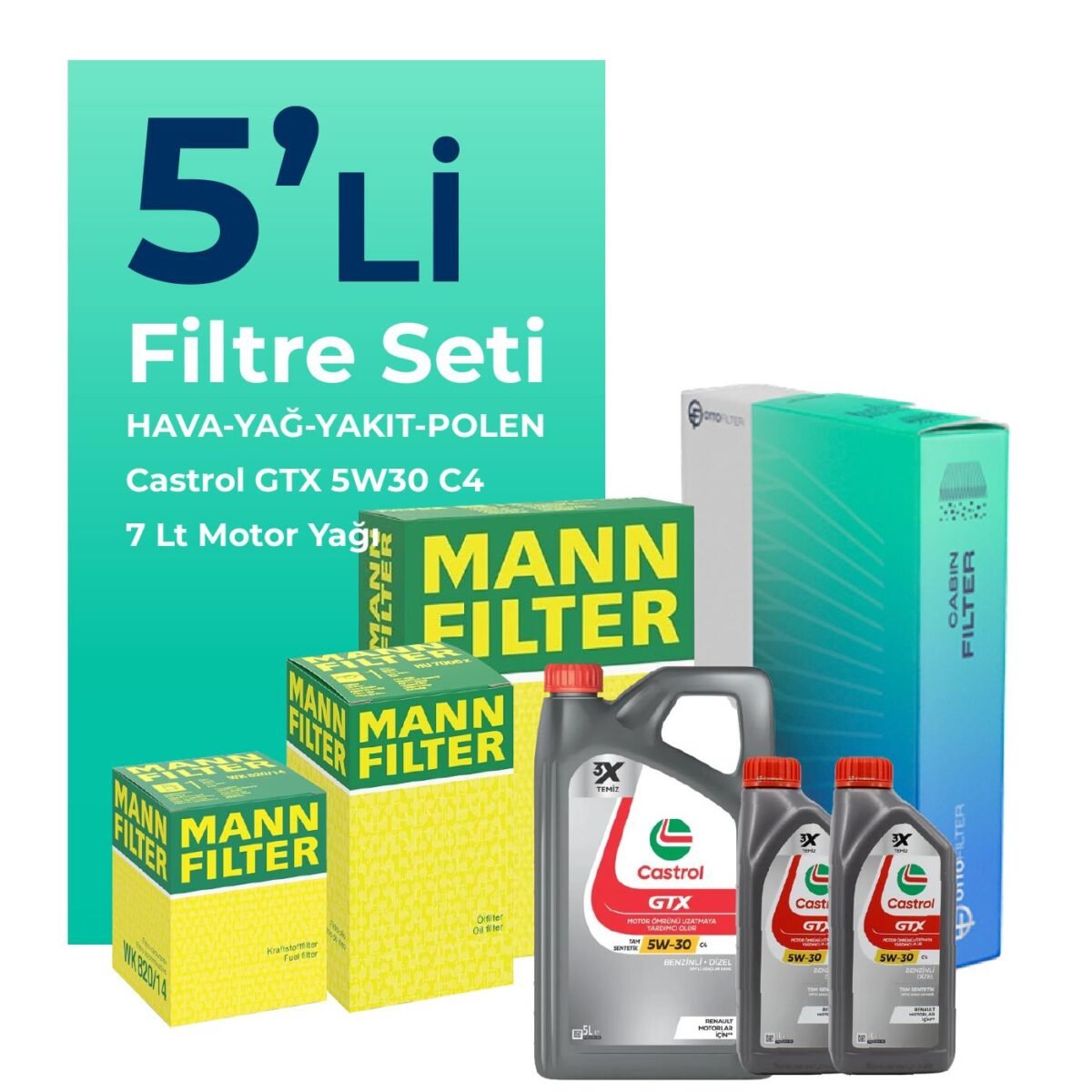 MANN Nissan Skystar 2.5 Dizel Filtre Bakım Seti Castrol Motor Yağlı (2008-2012) 5 Li - Görsel 1