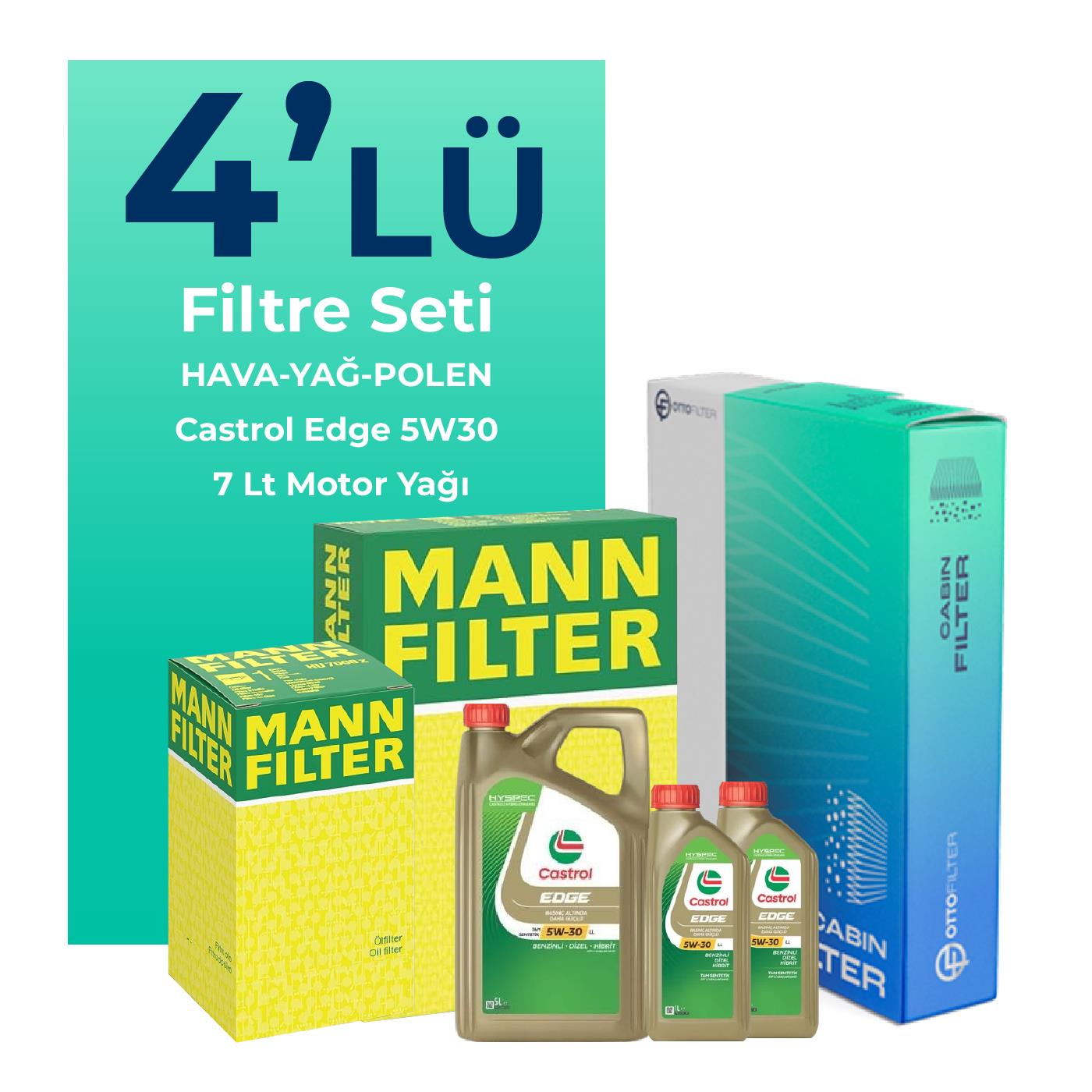 MANN Volkswagen Transporter T5 2.0 Dizel Filtre Bakım Seti Castrol Motor Yağlı (2009-2015) 4 Lü