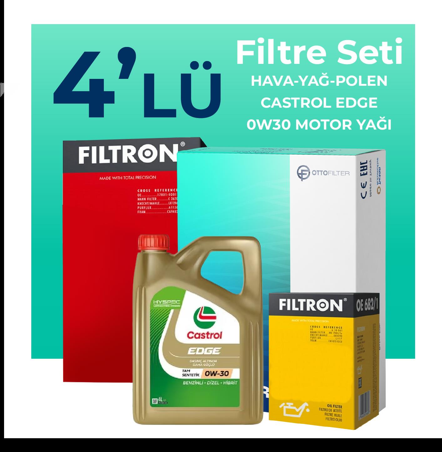 Filtron Fiat Egea 1.6 Dizel Filtre Bakım Seti Castrol Motor Yağlı (2015-2023) 4 Lü