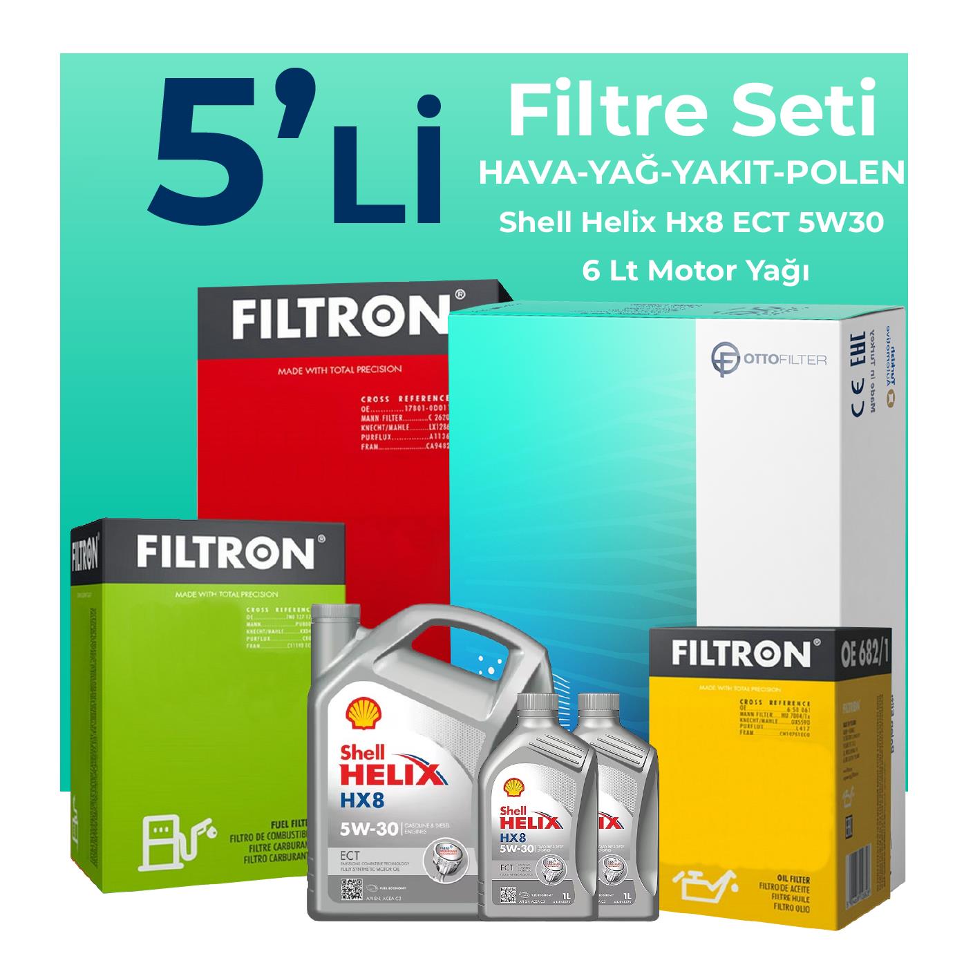 Filtron Chevrolet Captiva 2.0 Dizel Filtre Bakım Seti Shell Motor Yağlı (2011-2018) 5 Li