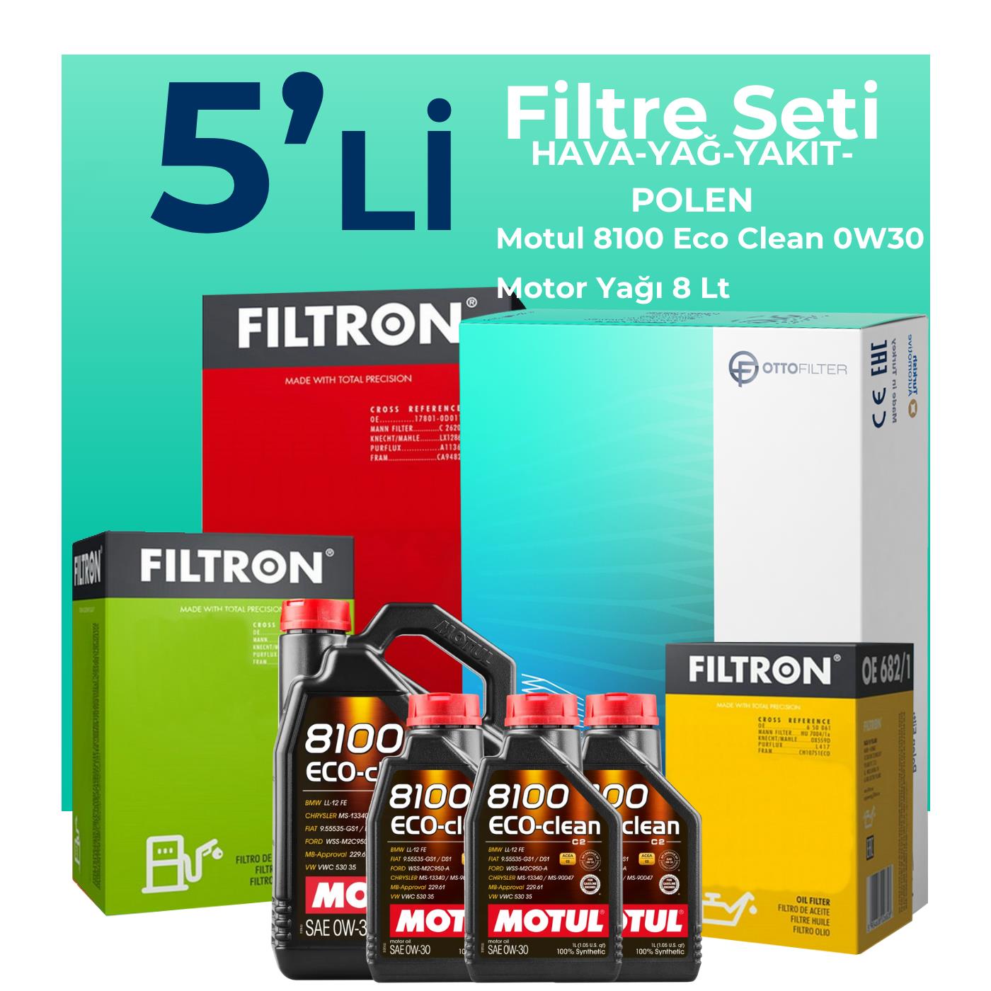 Filtron Ford Tourneo Custom 2.0 Dizel Filtre Bakım Seti Motul Motor Yağlı (2015-2023) 5 Li