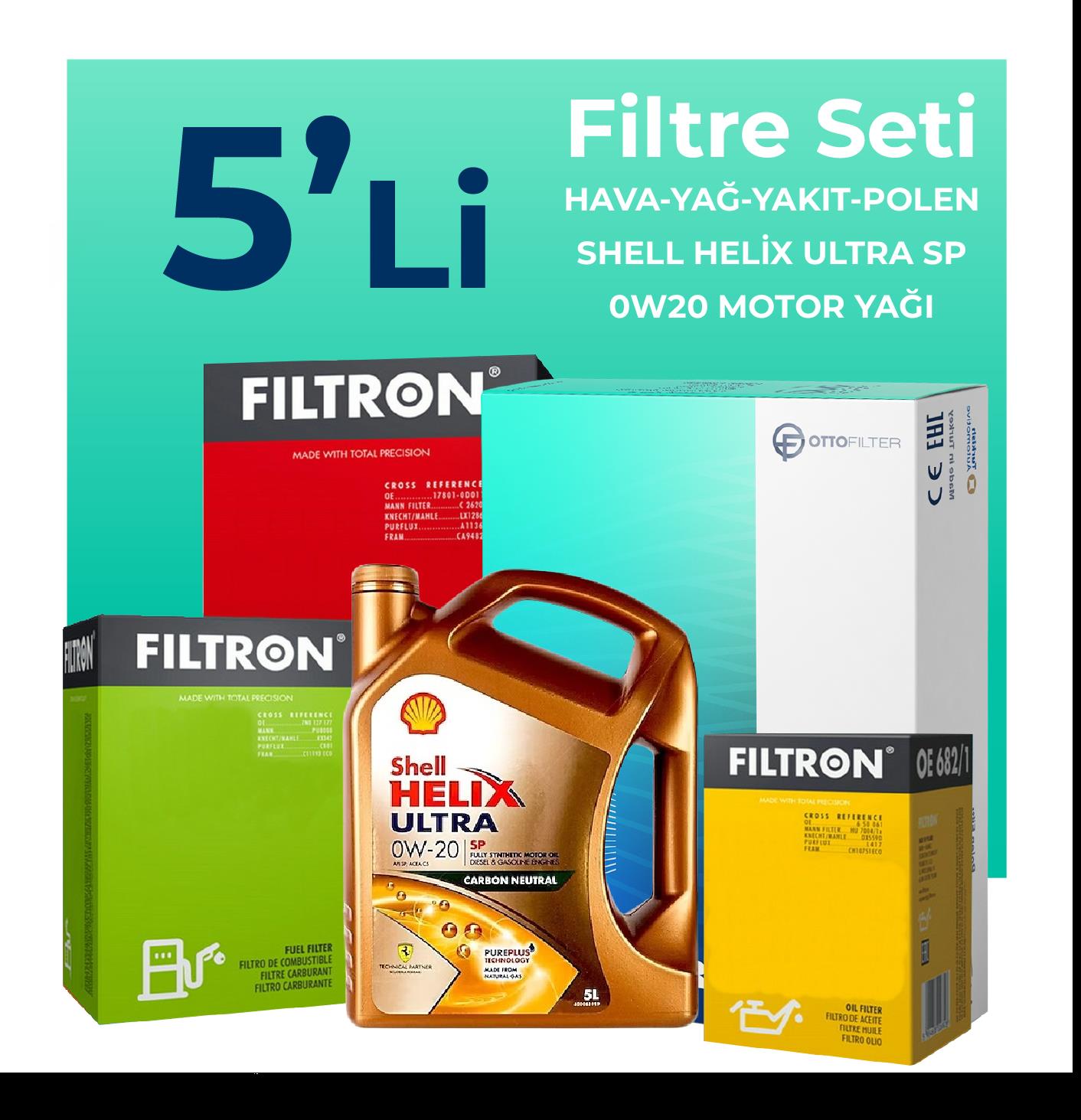 Filtron Volkswagen Caddy 2.0 Dizel Filtre Bakım Seti Shell Motor Yağlı (2020-2025) 5 Li