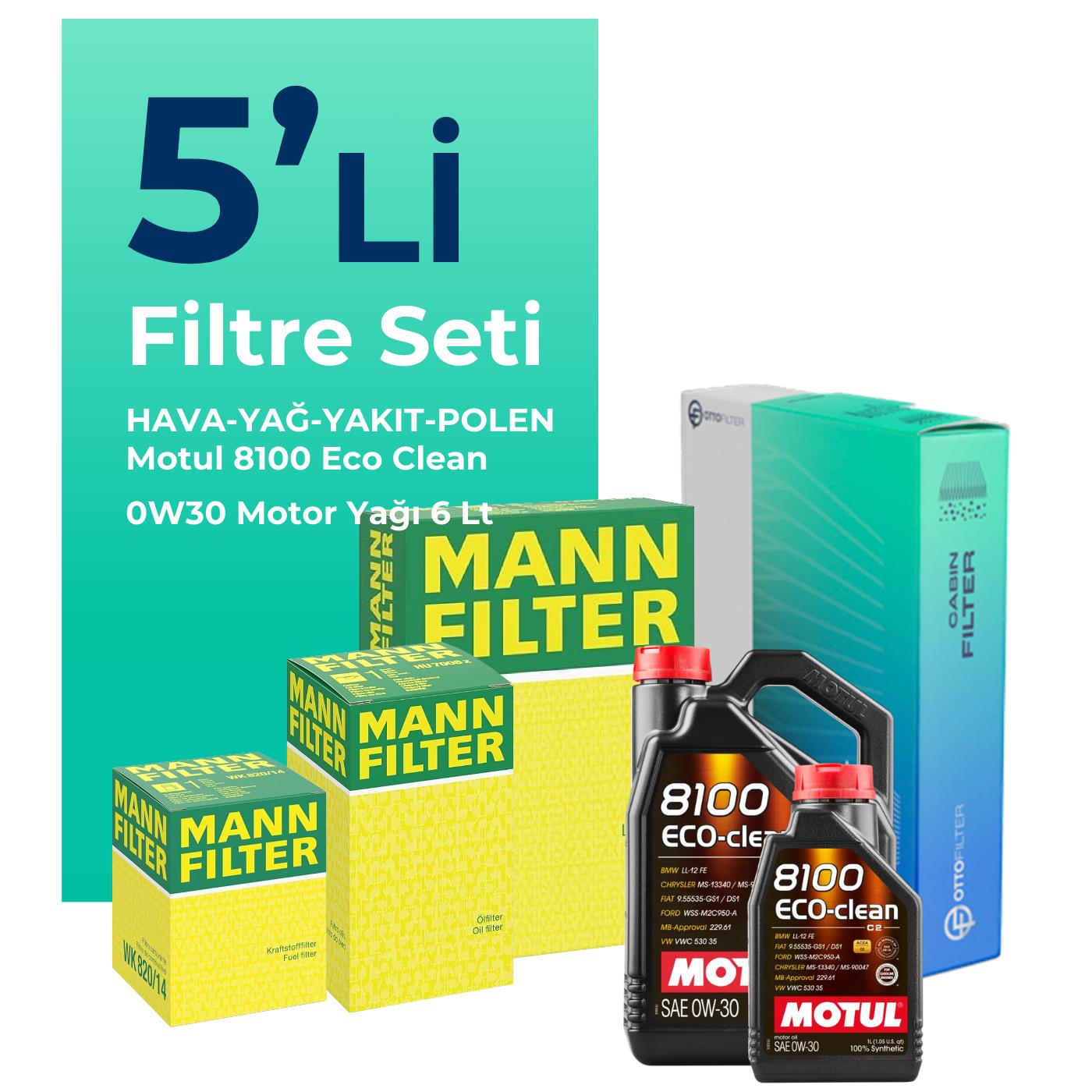 MANN Ford Mondeo 2.0 Dizel Filtre Bakım Seti Motul Motor Yağlı (2015-2018) 5 Li