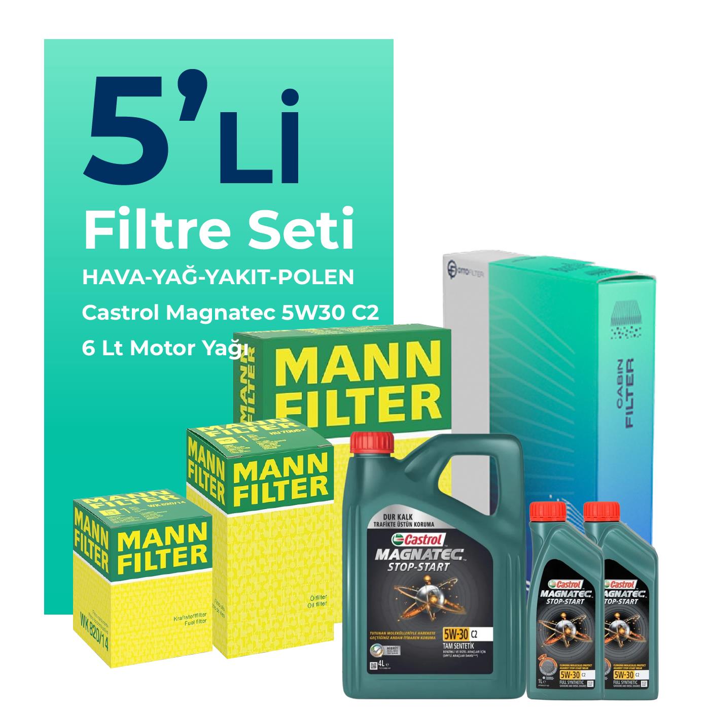 MANN Peugeot Expert 1.5 Dizel Filtre Bakım Seti Castrol Motor Yağlı (2017-2025) 5 Li