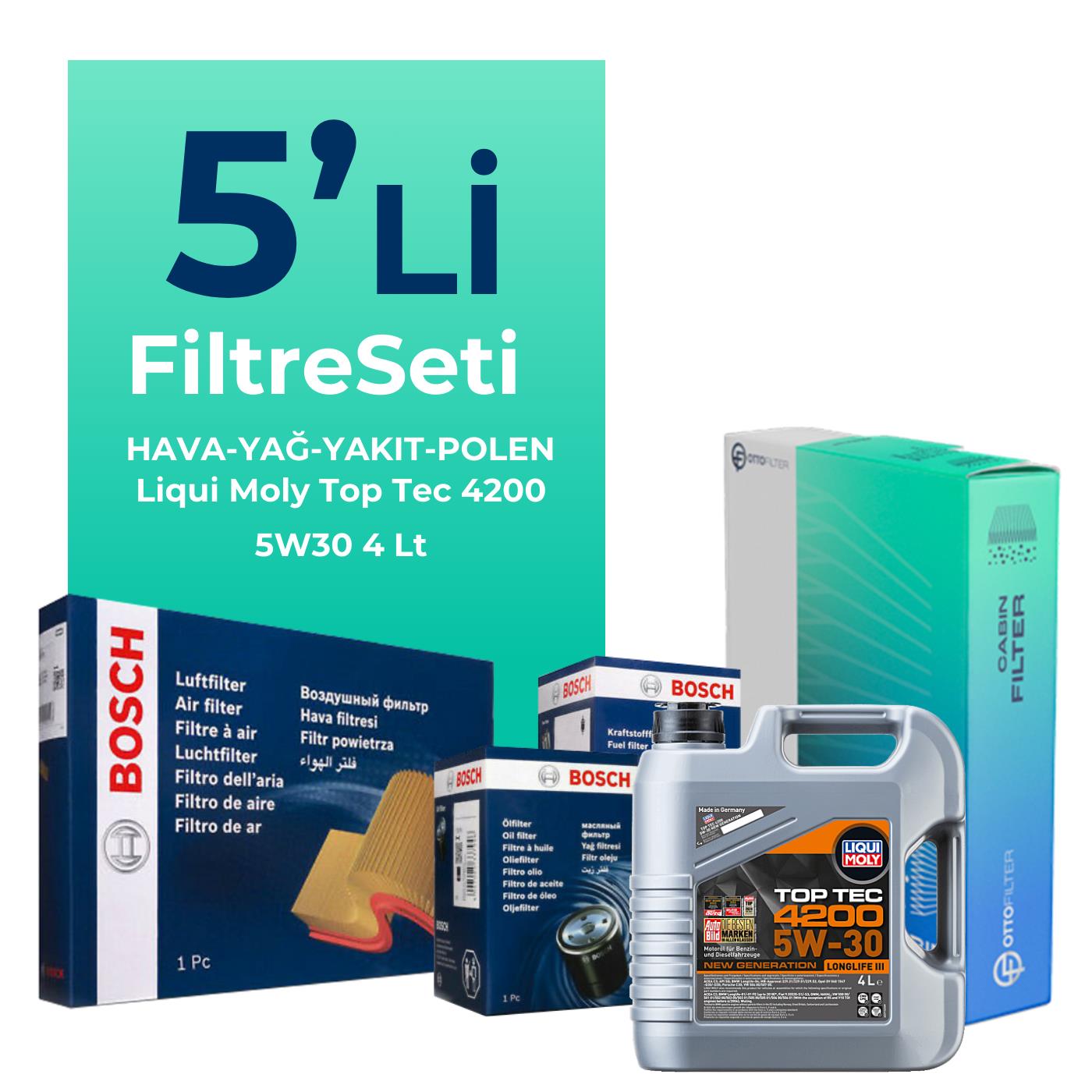 BOSCH Fiat Egea 1.3 Dizel Filtre Bakım Seti Liqui Moly Motor Yağlı (2015-2018) 5 Li
