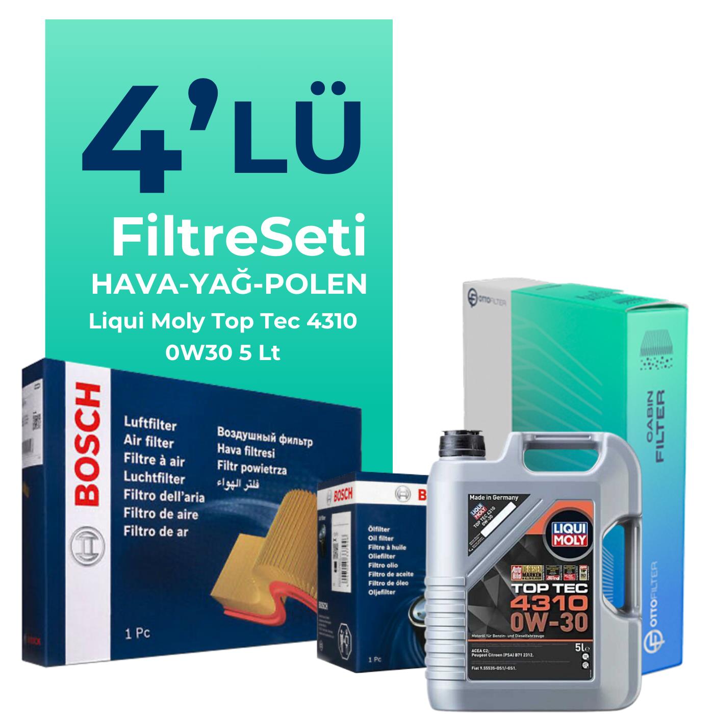 BOSCH Peugeot 5008 1.6 BlueHDi Dizel Filtre Bakım Seti Liqui Moly Motor Yağlı (2016-2019) 4 Lü