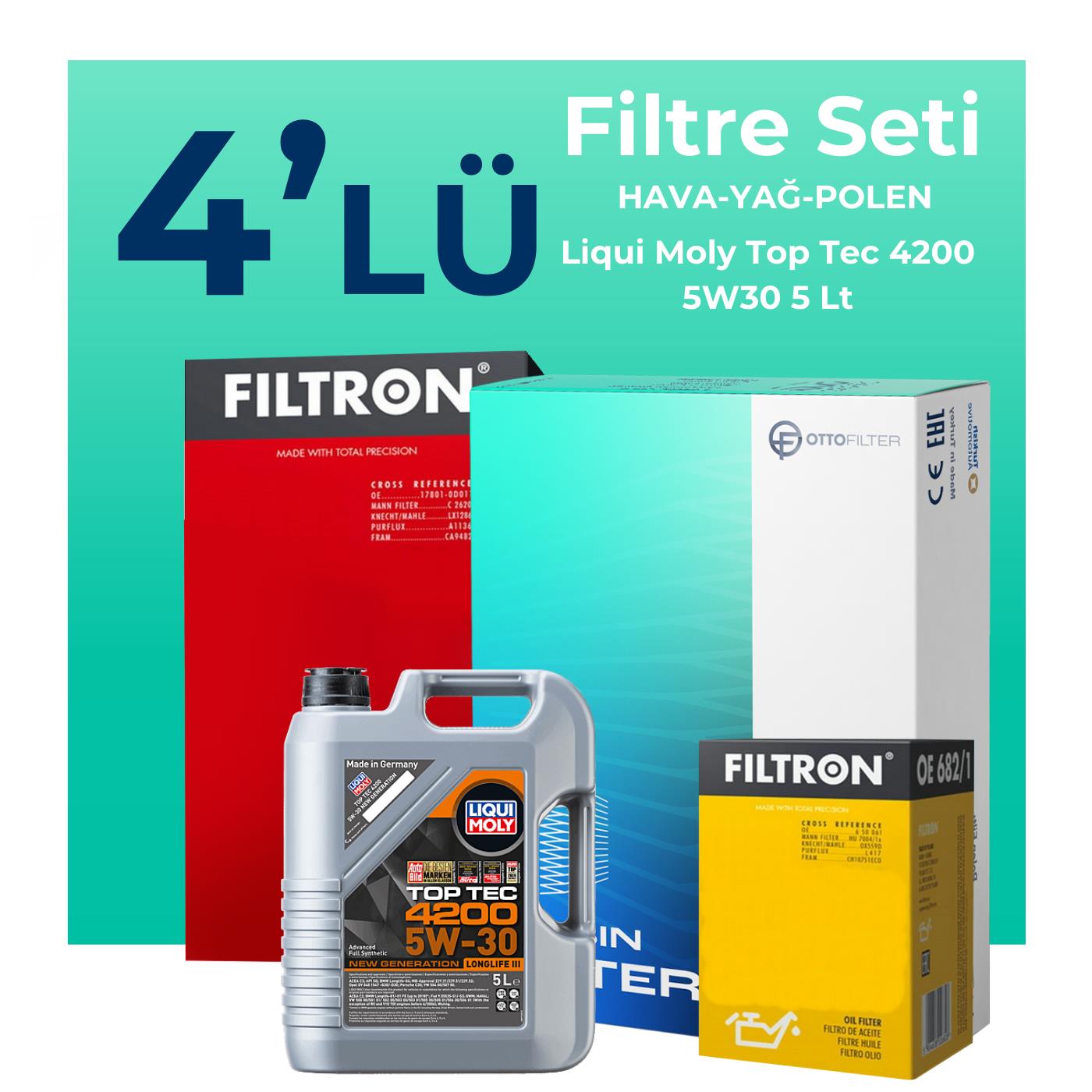 Filtron Audi A6 2.0 Dizel QUATRO 190 HP Filtre Bakım Seti Liqui Moly Motor Yağlı (2015-2018) 4 Lü