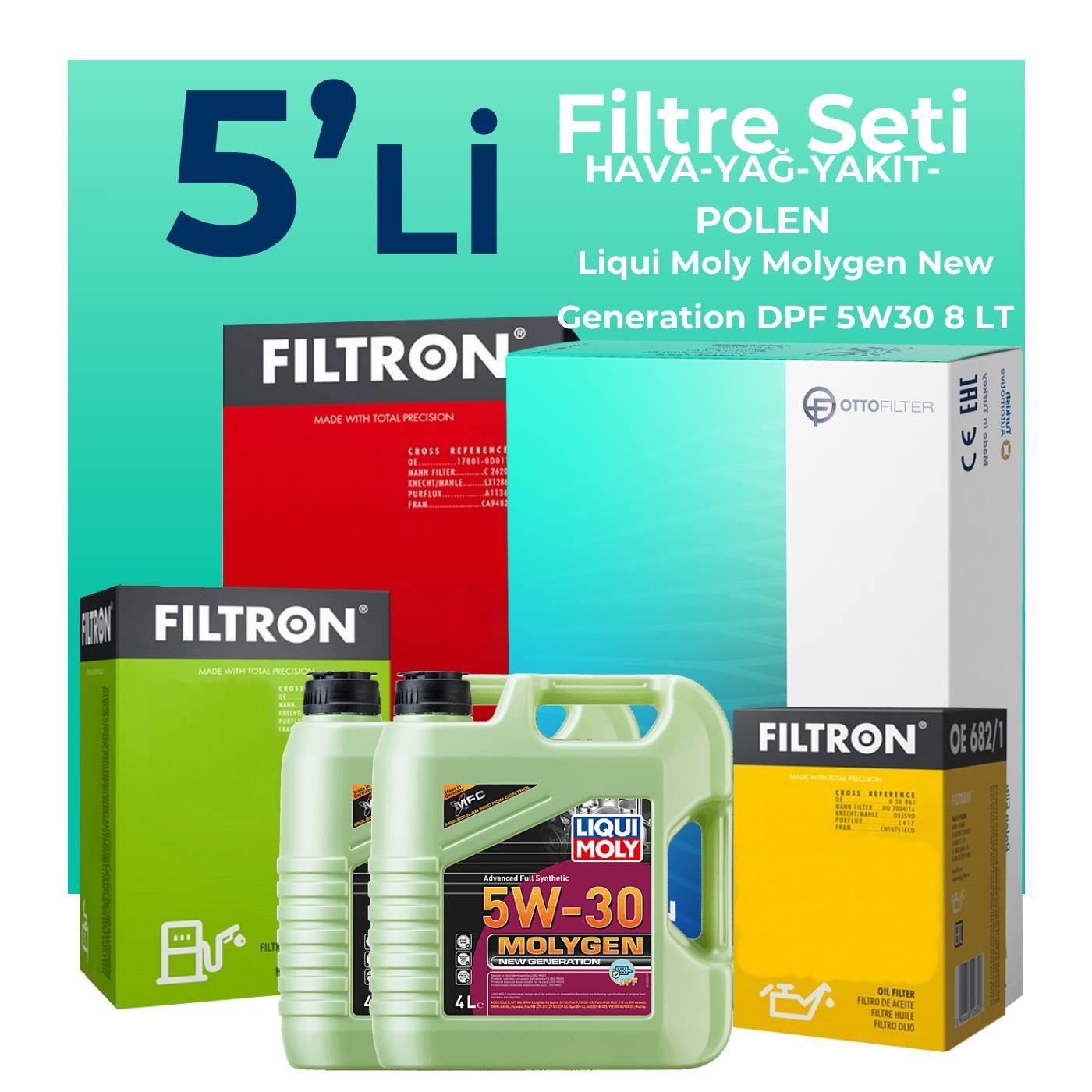 Filtron Mercedes E320 Dizel 224 HP Filtre Bakım Seti Liqui Moly Motor Yağlı (2005-2008) 5 Li