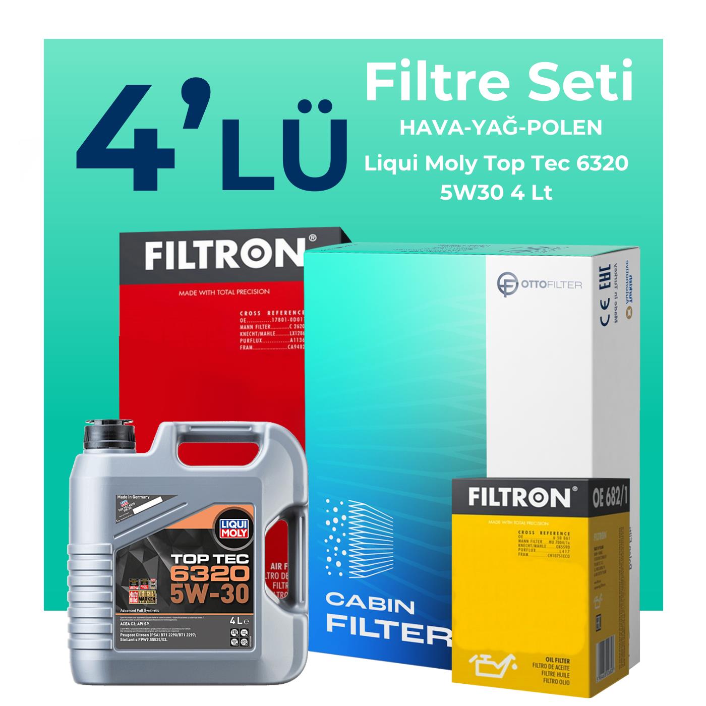 Filtron Peugeot 301 1.5 Dizel Filtre Bakım Seti Liqui Moly Motor Yağlı (2017-2020) 4 Lü