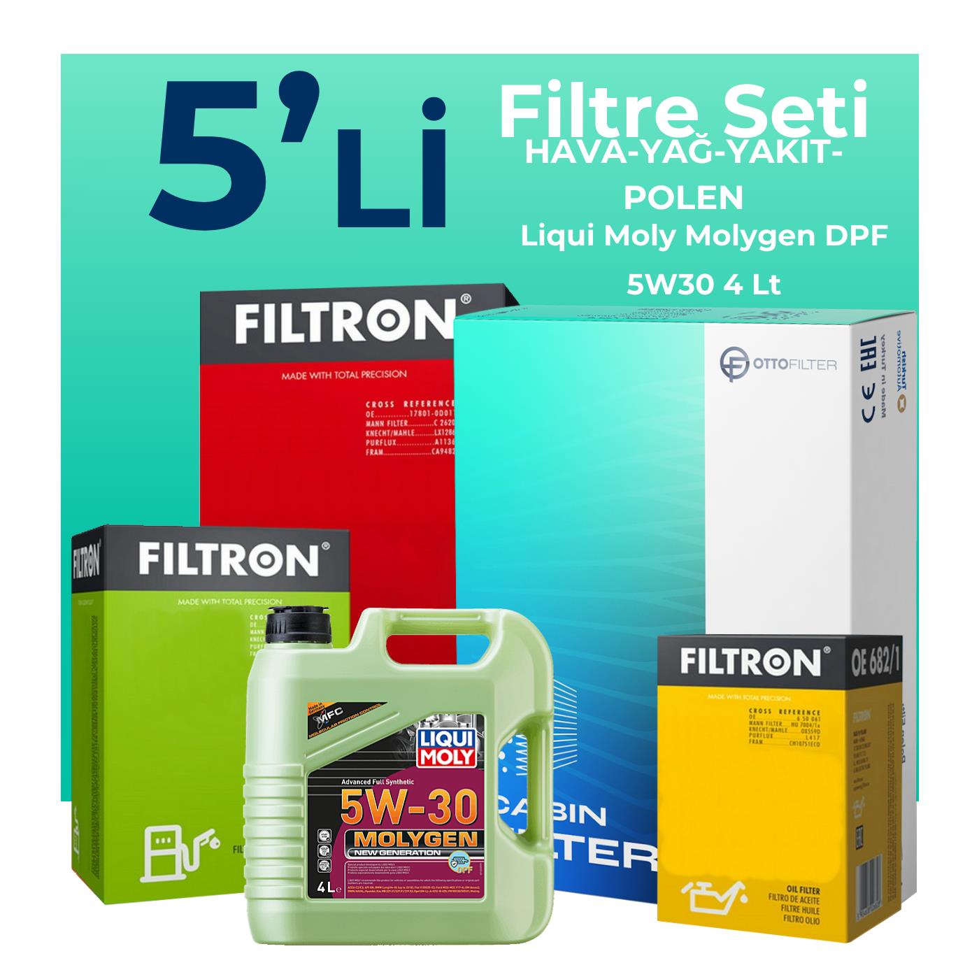 Filtron Peugeot 508 1.6 Dizel E-HDi Filtre Bakım Seti Liqui Moly Motor Yağlı (2010-2018) 5 Li