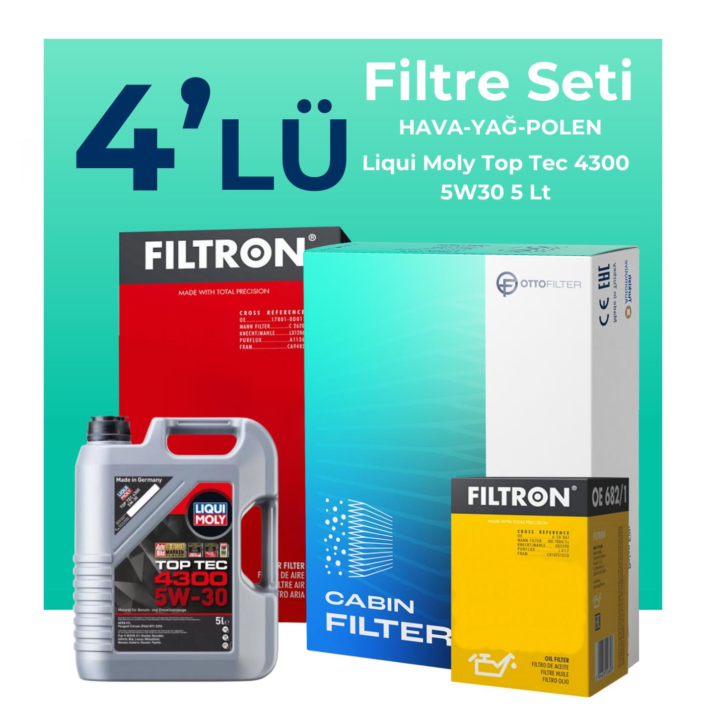 Filtron Renault Symbol 1.0 Benzin SCe Filtre Bakım Seti Liqui Moly Motor Yağlı (2017-2021) 4 Lü