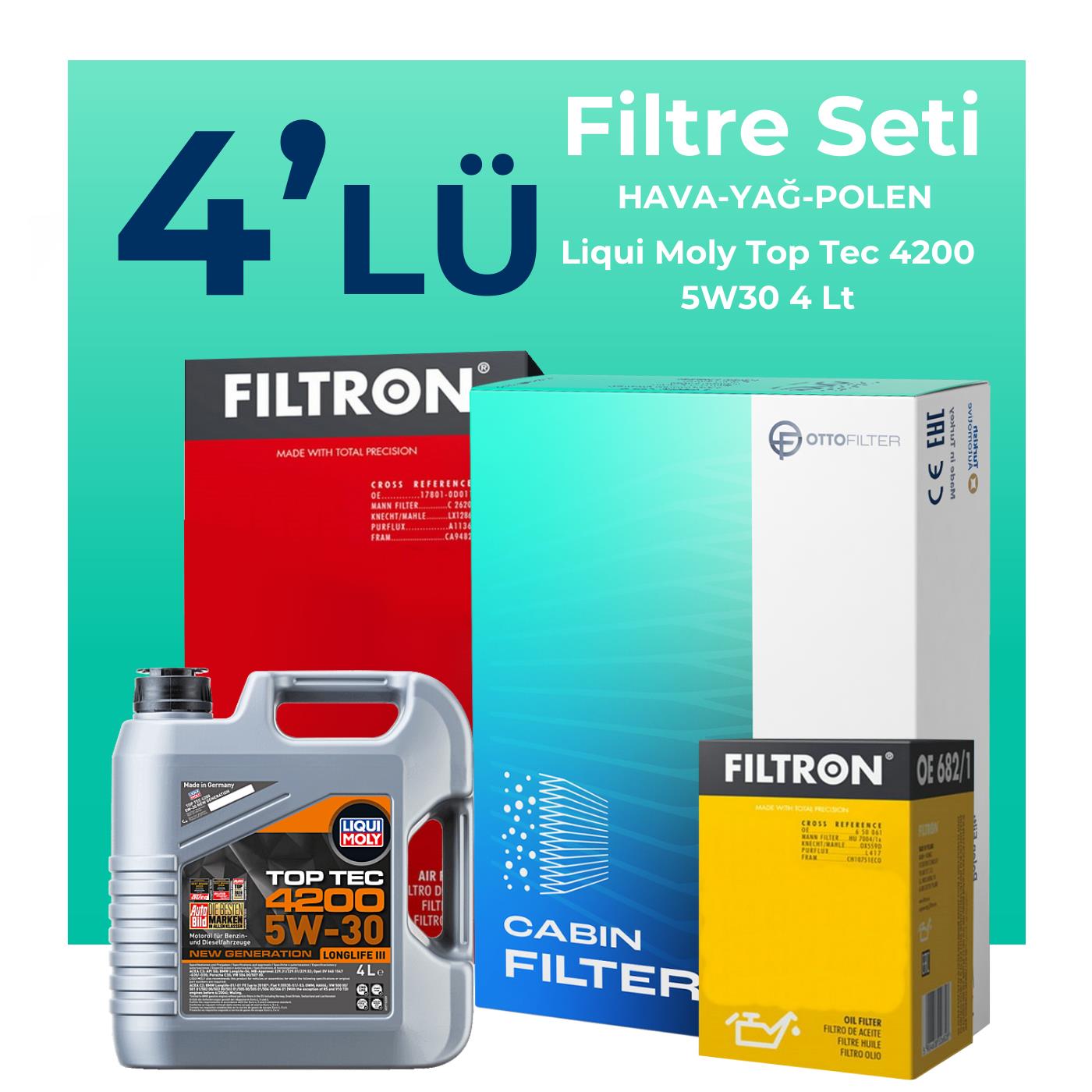 Filtron Skoda SuperB 1.4 TSi Filtre Bakım Seti Liqui Moly Motor Yağlı (2009-2015) 4 Lü
