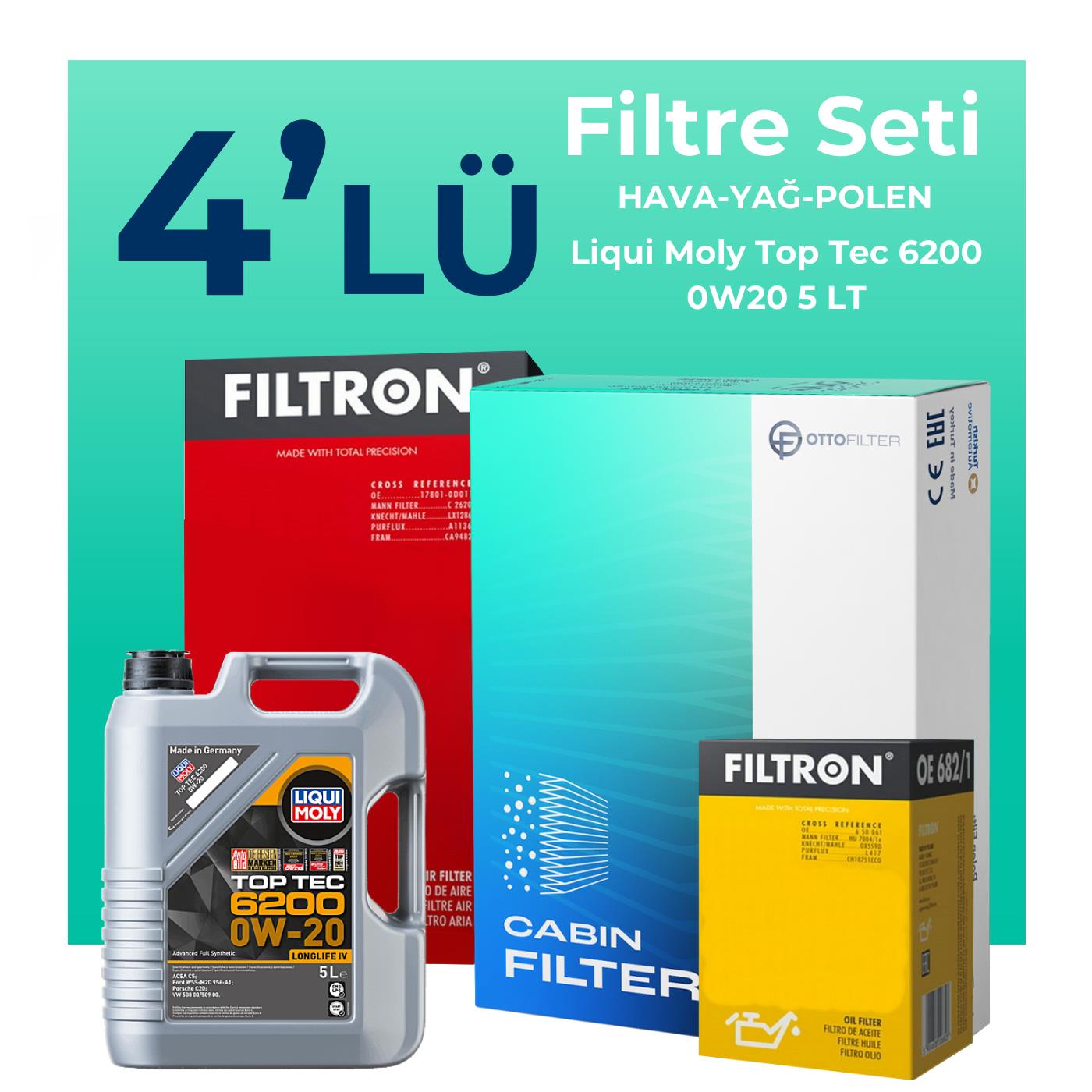 Filtron Volkswagen Arteon 1.5 TSi Filtre Bakım Seti Liqui Moly Motor Yağlı (2017-2019) 4 Lü