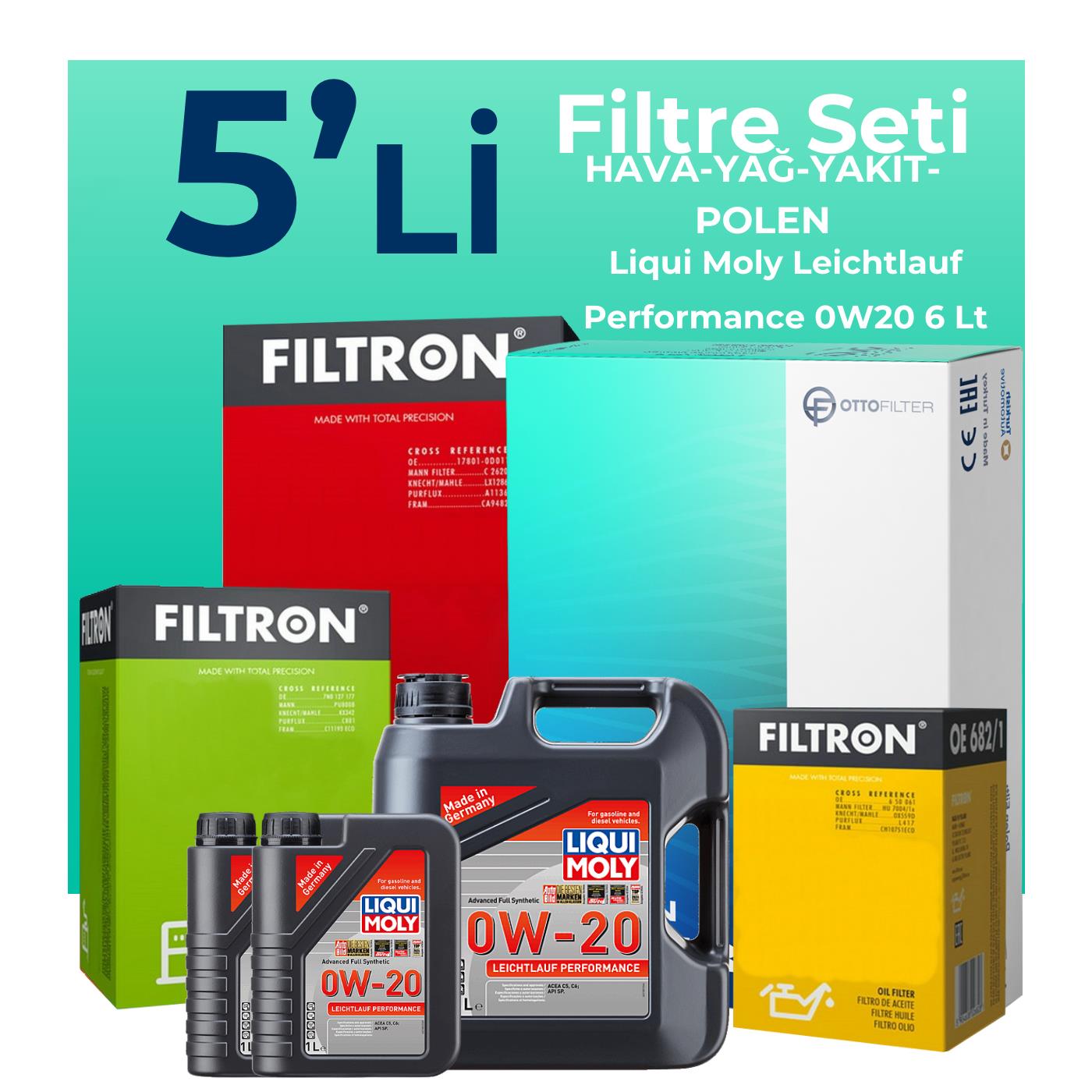 Filtron Volkswagen Caddy 2.0 Dizel Filtre Bakım Seti Liqui Moly Motor Yağlı (2020-2025) 5 Li
