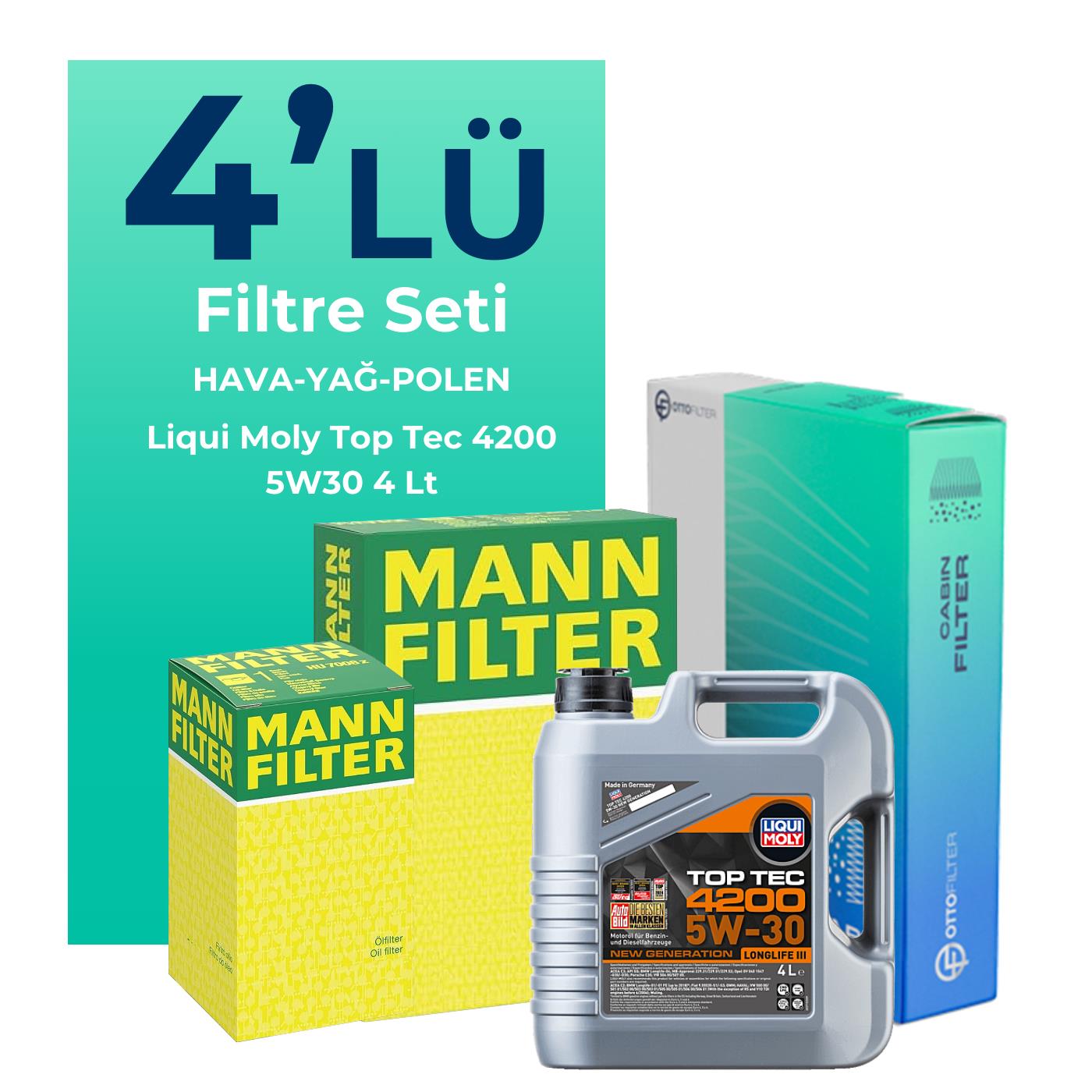 MANN Audi A1 1.4 Tfsi Filtre Bakım Seti Liqui Moly Motor Yağlı (2011-2015) 4 Lü