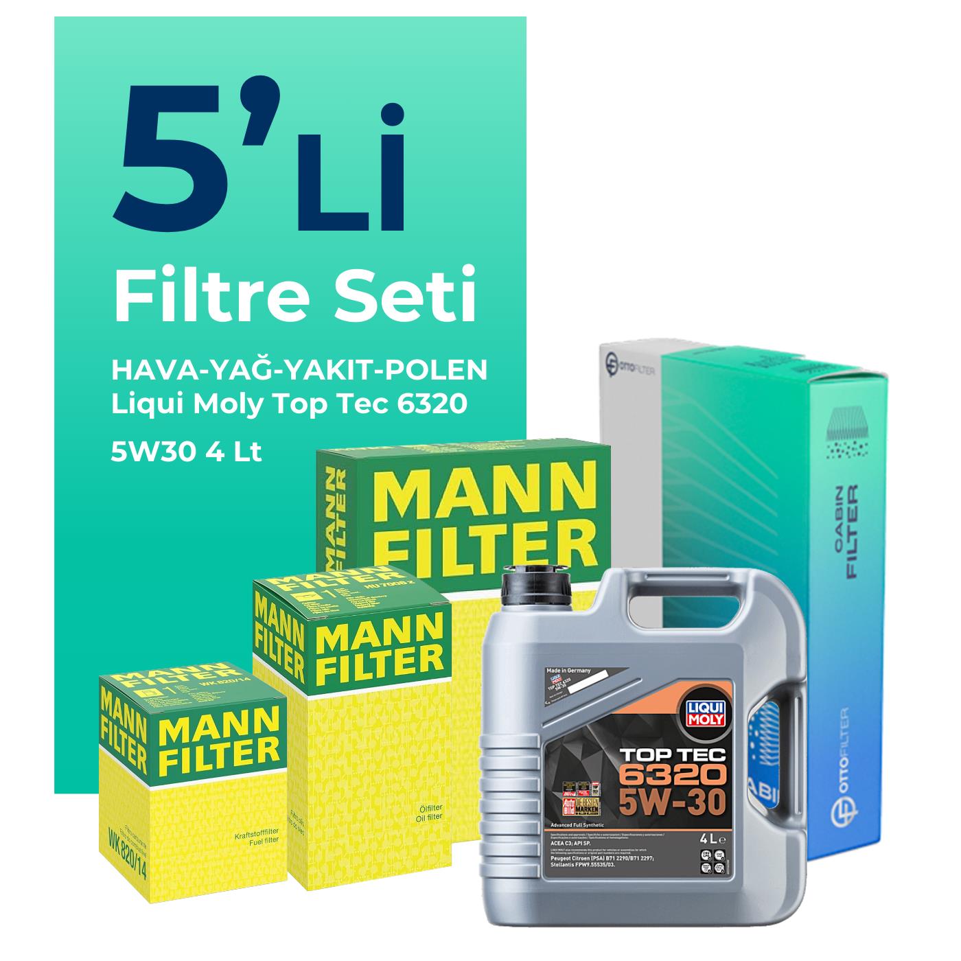 MANN Peugeot 3008 1.5 Dizel Filtre Bakım Seti Liqui Moly Motor Yağlı (2018-2024) 5 Li