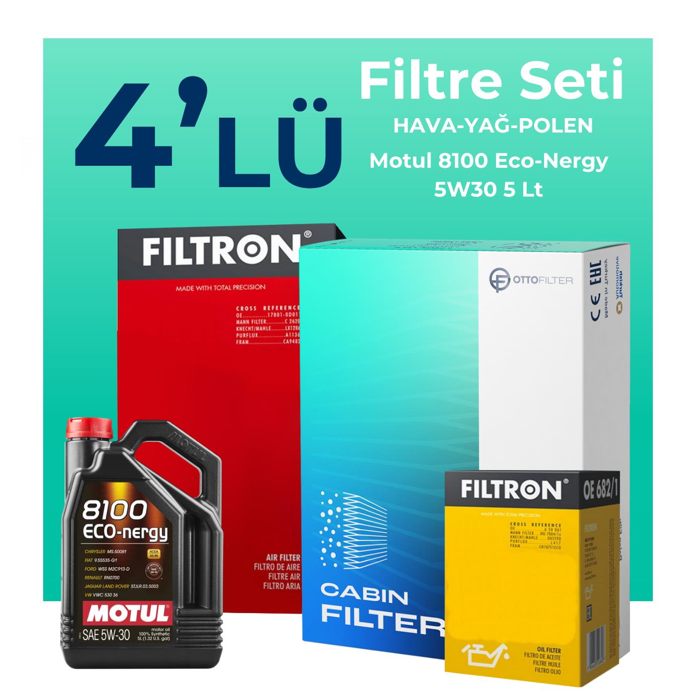 Filtron Renault Fluence 1.6 Benzin Filtre Bakım Seti Motul Motor Yağlı (2010-2016) 4 Lü