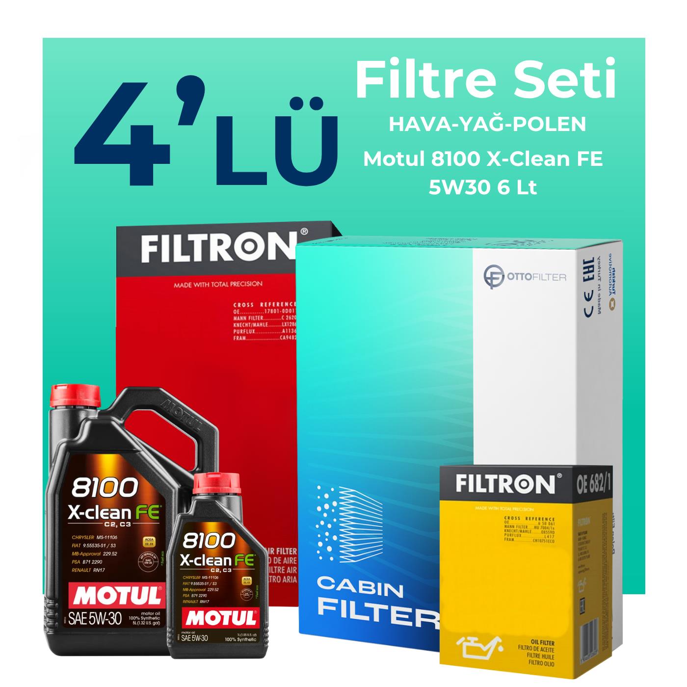 Filtron Renault Koleos 1.3 Benzin TCe Filtre Bakım Seti Motul Motor Yağlı (2020-2023) 4 Lü