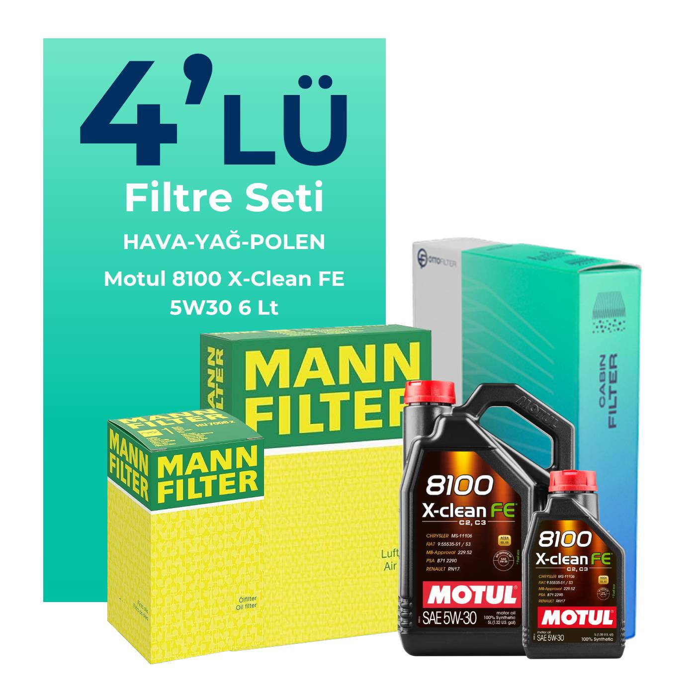 MANN Dacia Duster 1.3 Benzinli Filtre Bakım Seti Motul Motor Yağlı (2018-2024) 4 Lü