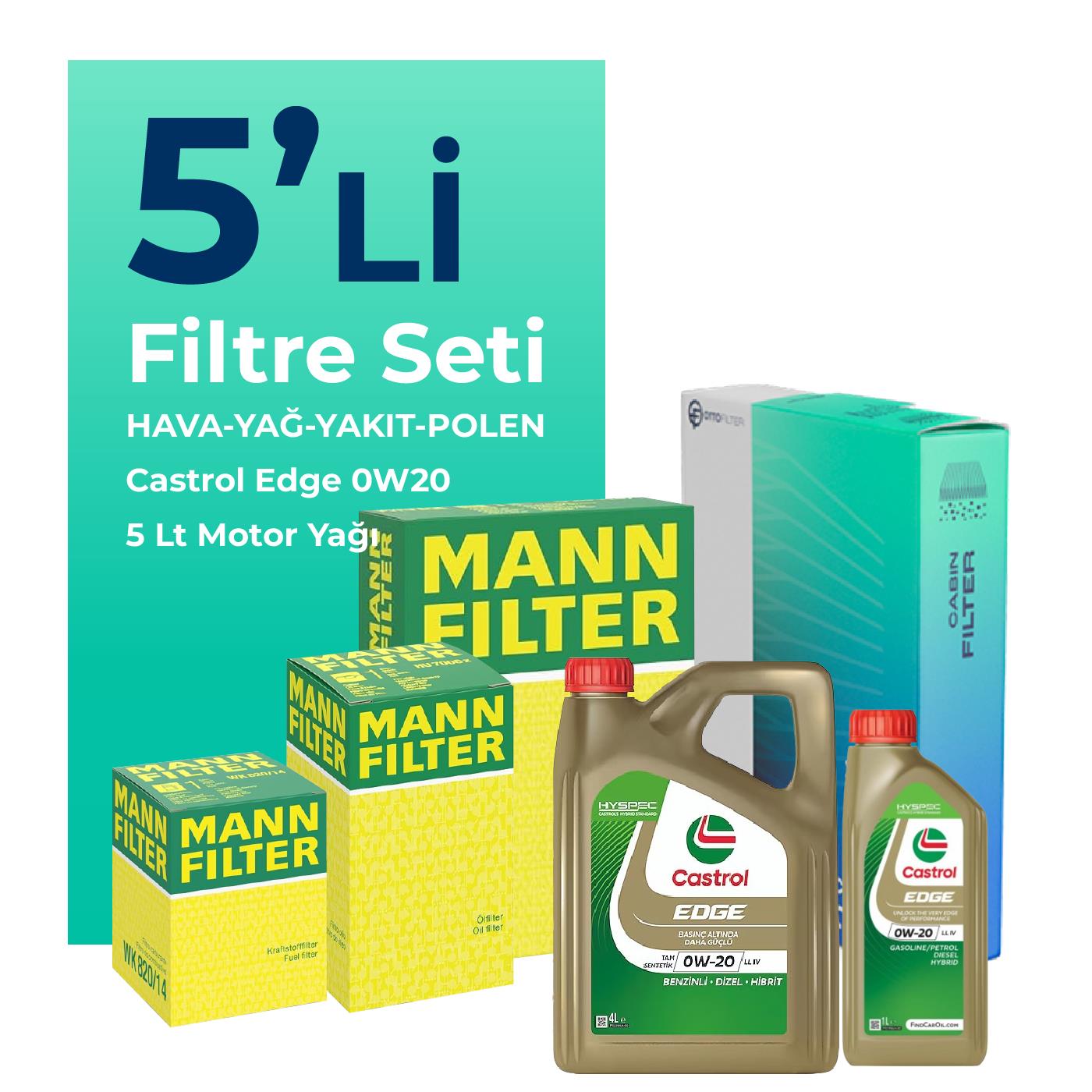 MANN Fiat Egea 1.6 Dizel Filtre Bakım Seti Castrol Motor Yağlı (2015-2023) 5 Li