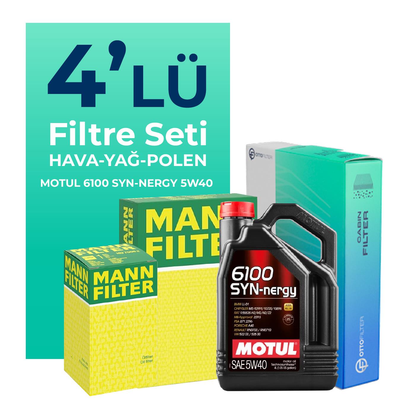 MANN Fiat Egea 1.4 Benzin Filtre Bakım Seti Motul Motor Yağlı (2015-2024) 4 Lü