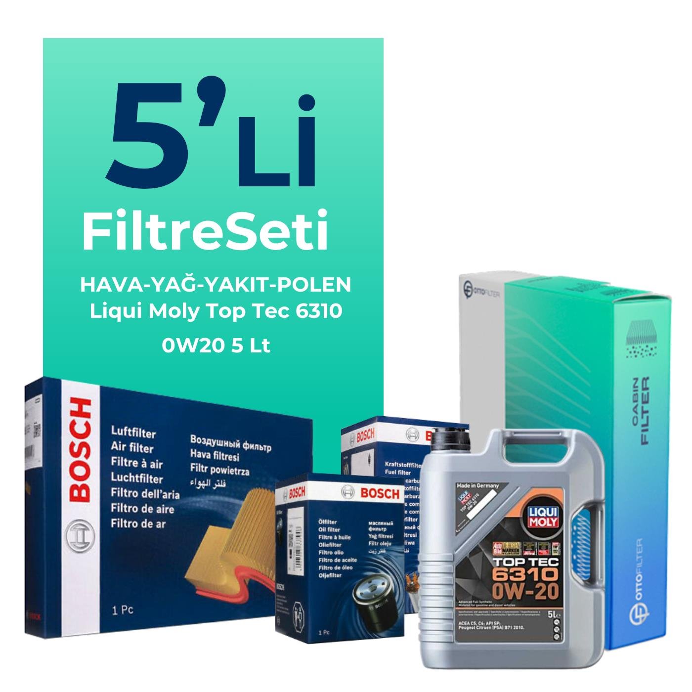 Bosch Fiat Egea 1.6 Dizel Filtre Bakım Seti Liqui Moly Motor Yağlı (2015-2023) 5 Li