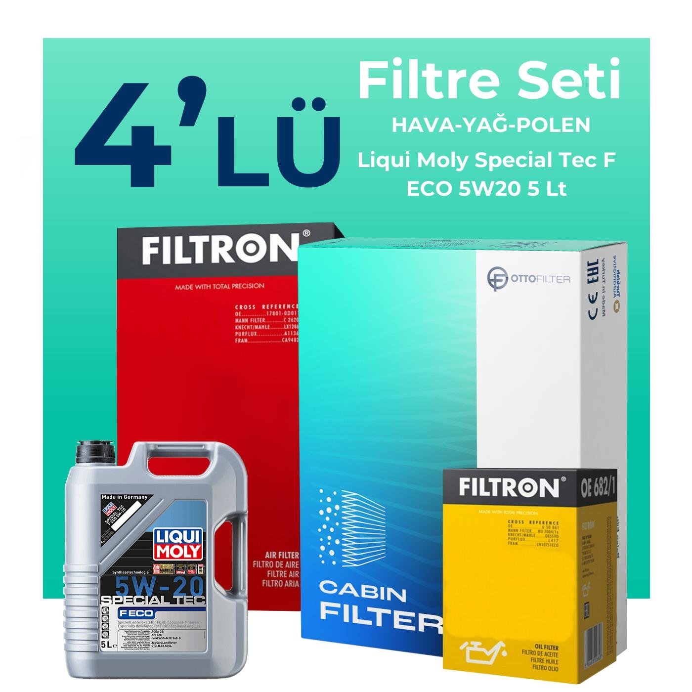 Filtron Ford Kuga 1.6 Benzin Filtre Bakım Seti Liqui Moly Motor Yağlı (2013-2017) 4 Lü
