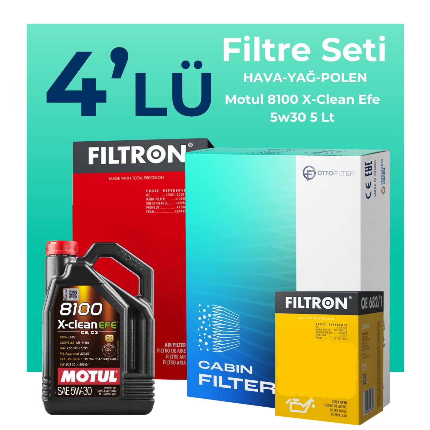 Filtron Hyundai Kona 1.6 Dizel Filtre Bakım Seti Motul Motor Yağlı (2017-2022) 4 Lü